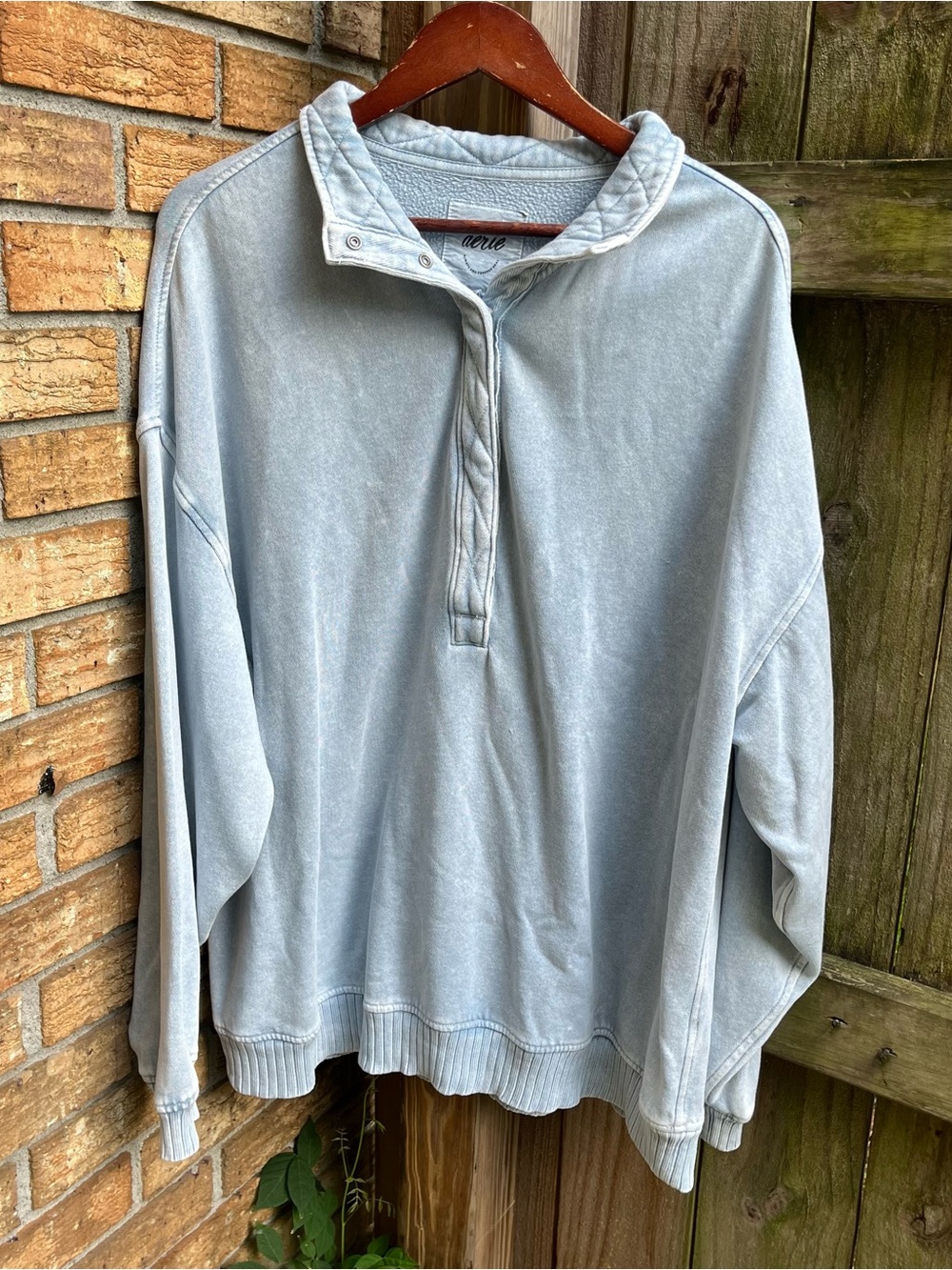 Aerie Oversized Light Blue Quarter-Snap Pullover Sweatshirt